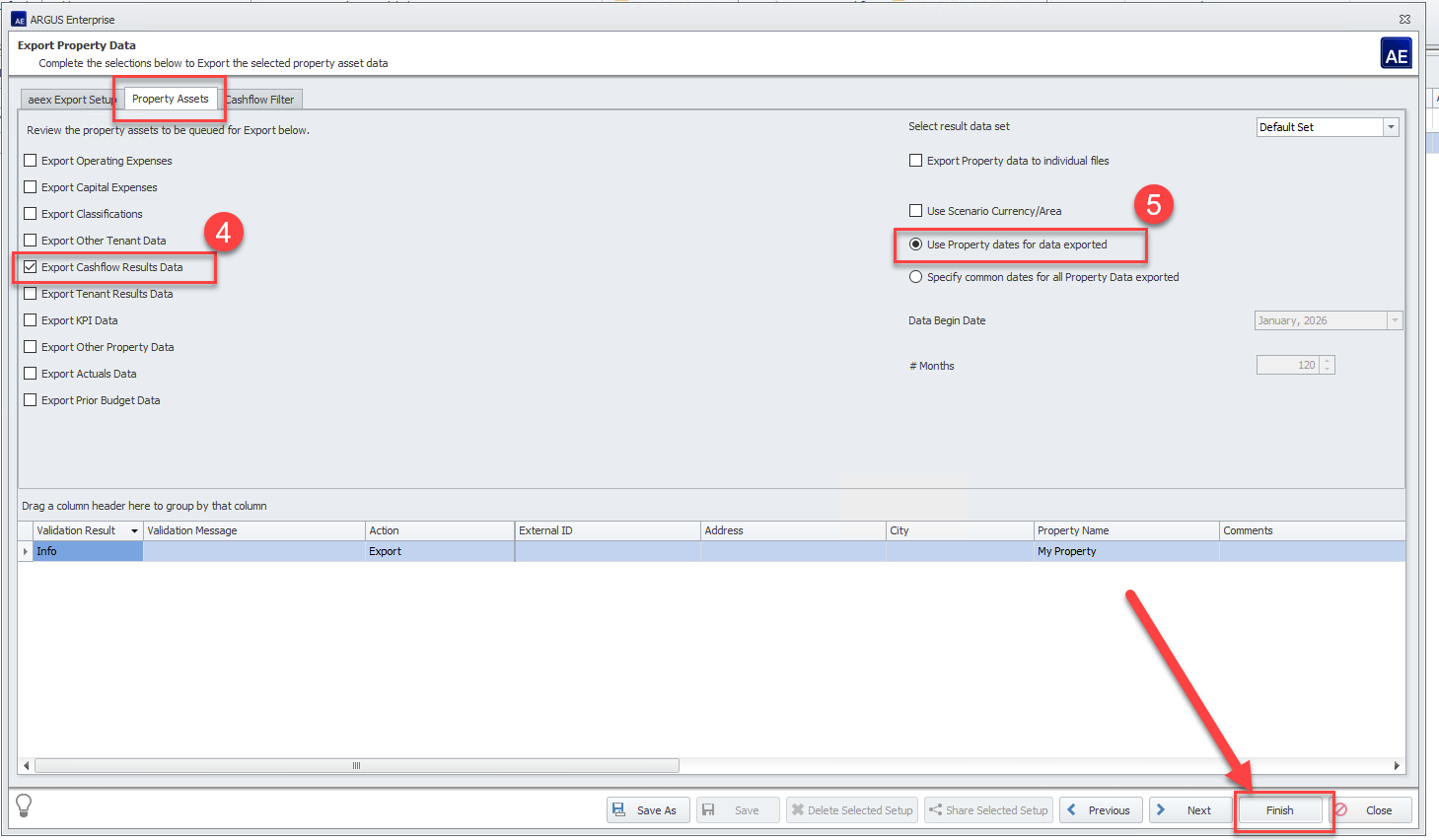 Export Property Data dialog: Export Cashflow Results Data checked, Use Property dates for data exported selected, and Finish highlighted